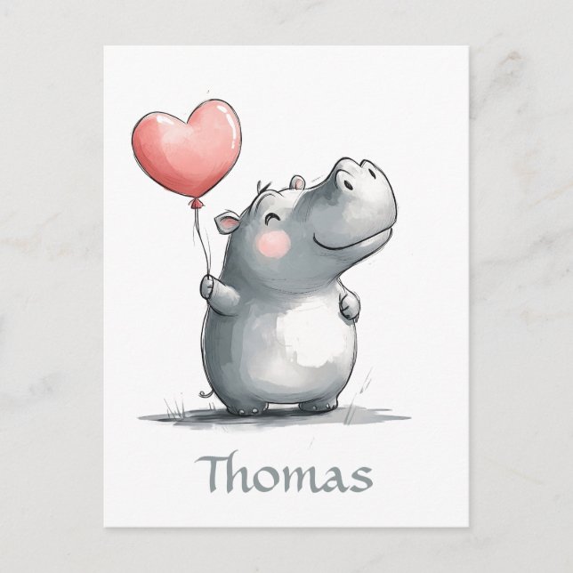 Carte Postale Hippo mignon avec illustration de ballon cardiaque (Devant)