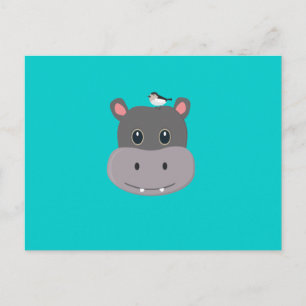 Carte Postale hippo mignon avec oiseau