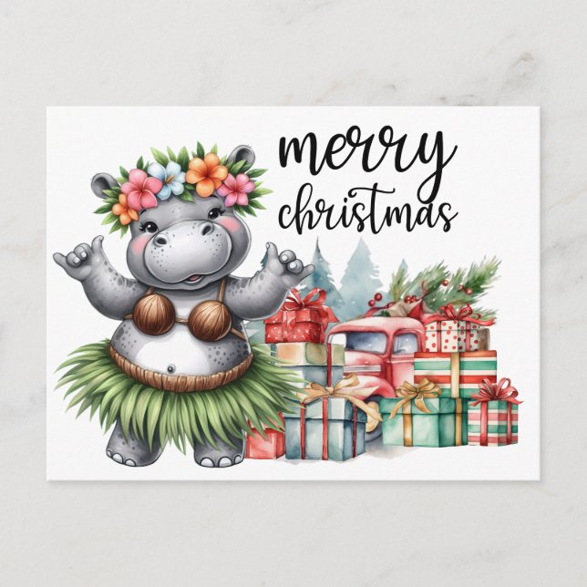 Carte Postale Hippo Thème de Noël pour Amoureux des animaux (Devant)