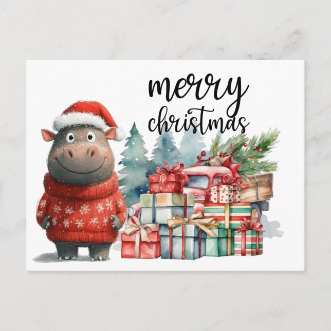 Carte Postale Hippo Thème de Noël pour Amoureux des animaux (Devant)