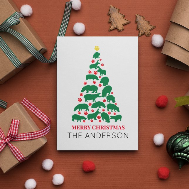 Carte Postale Hippo vert sapin de Noël Paw rouge (Créateur téléchargé)
