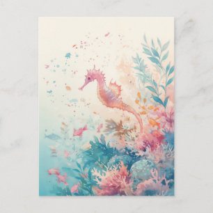 Carte Postale Hippocampe aquarelle fantaisiste récif de corail