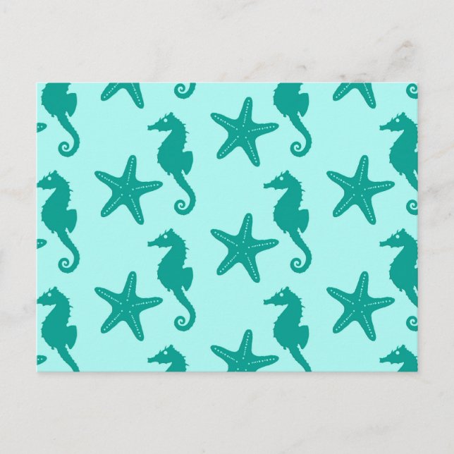 Carte Postale Hippocampe et poisson étoile - turquoise et aqua (Devant)
