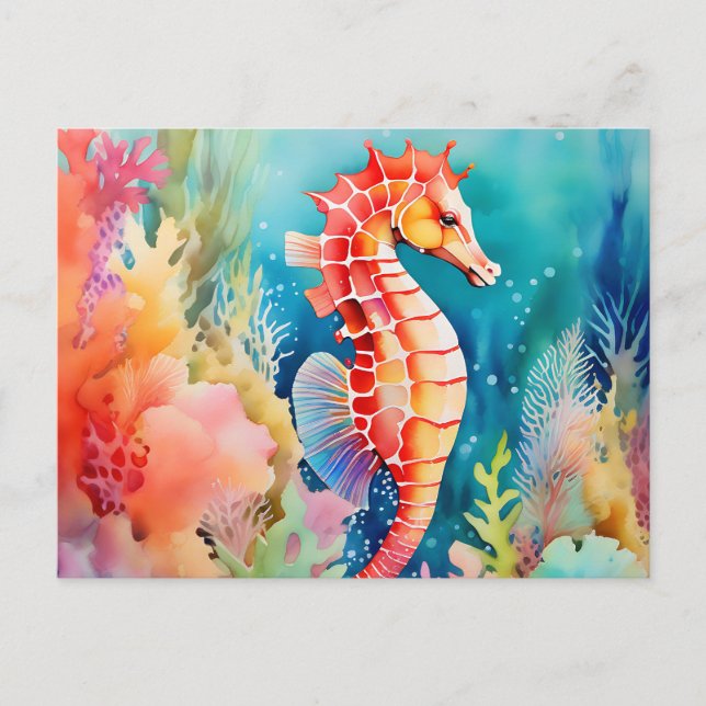 Carte Postale Hippocampe gracieux en couches d'aquarelle vibrant (Devant)