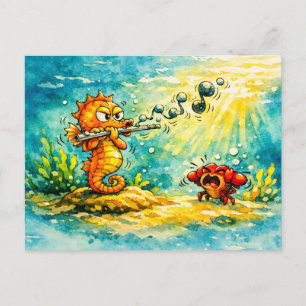 Carte Postale Hippocampe jouant de la flûte cartoon