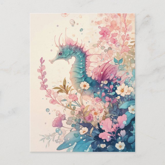 Carte Postale Hippocampe sarcelle fantaisiste et Fleur rose (Devant)