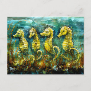 Carte Postale Hippocampes dans une peinture à l'huile océanique
