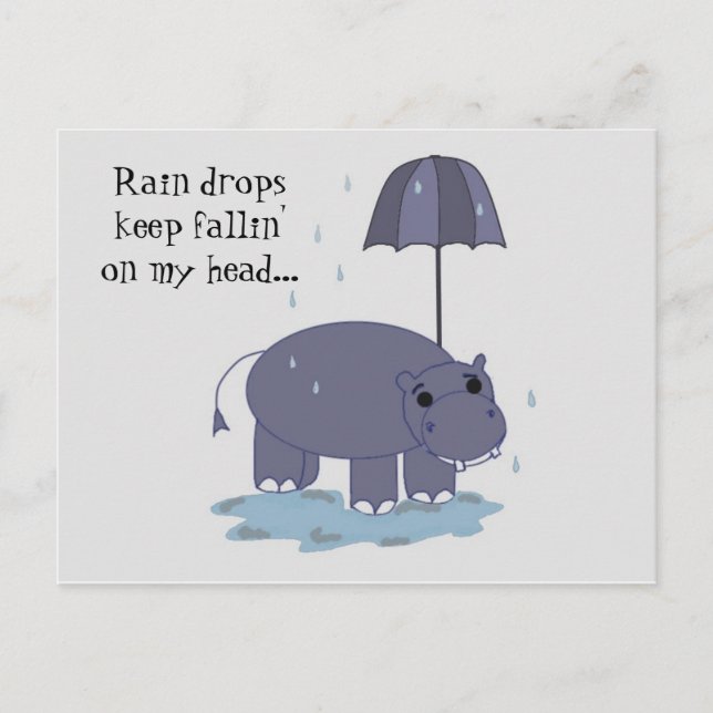 Carte Postale Hippopotame avec parapluie jour de pluie dicton (Devant)