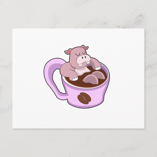 Carte Postale Hippopotame avec tasse de café (Devant)