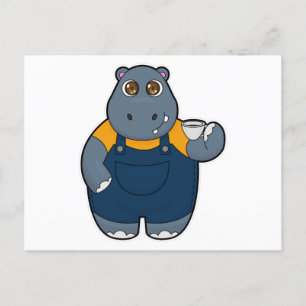Carte Postale Hippopotame avec une tasse de café