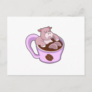 Carte Postale Hippopotame avec une tasse de café