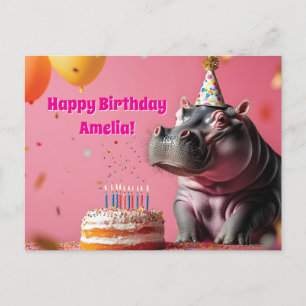 Carte Postale Hippopotame d'anniversaire avec gâteau et ballons