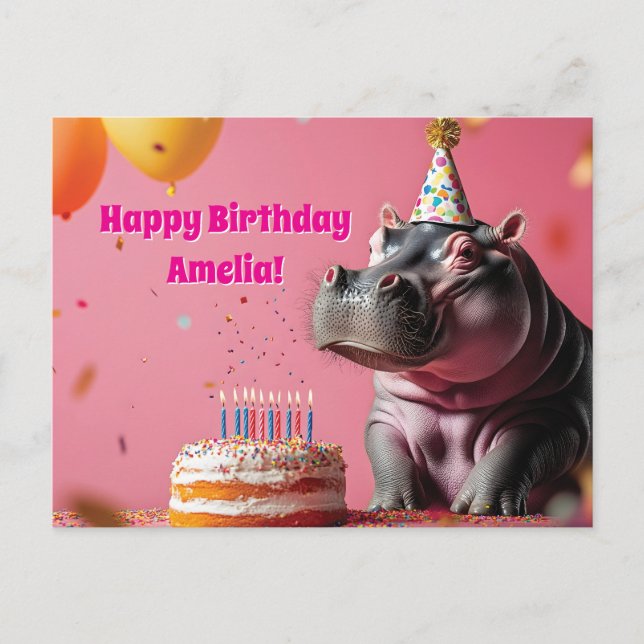 Carte Postale Hippopotame d'anniversaire avec gâteau et ballons (Devant)
