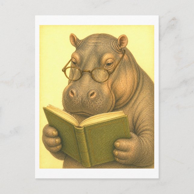 Carte Postale Hippopotame de style vintage en lecture (Devant)