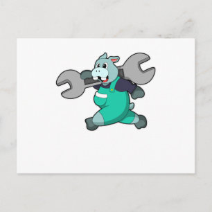 Carte Postale Hippopotame en mécanicien avec clé à écrou