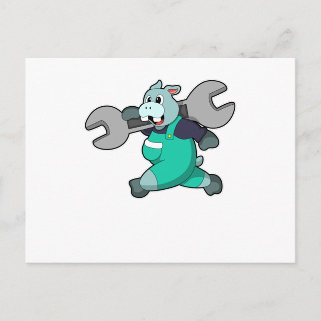 Carte Postale Hippopotame en mécanicien avec clé à tuyauter (Devant)