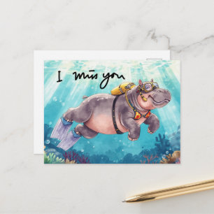 Carte Postale Hippopotame en plongée sous-marine Je t'aime 