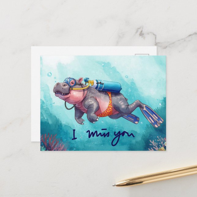 Carte Postale Hippopotame en plongée sous-marine Je t'aime  (Devant/Arrière en situation)