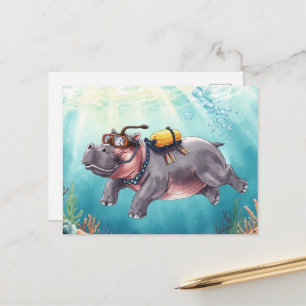 Carte Postale Hippopotame en plongée sous-marine sous l'eau
