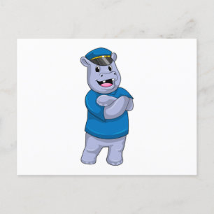 Carte Postale Hippopotame en policier avec casquette de policier