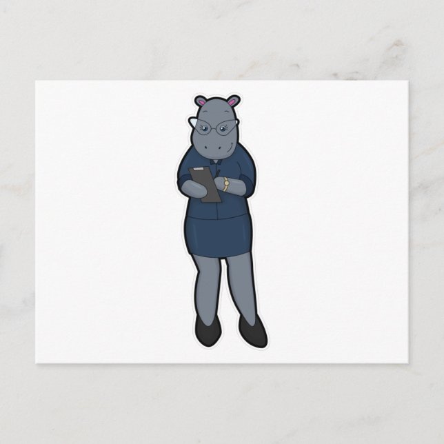 Carte Postale Hippopotame en secrétaire avec bloc-notes et stylo (Devant)