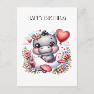 Carte Postale Hippopotame mignon dans un avion en forme de cœur