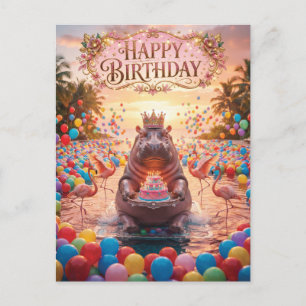 Carte Postale Hippopotame portant une couronne et tenant un gâte