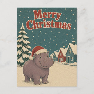 Carte Postale Hippopotame Rangée de Neige Animal Noël