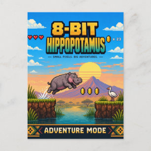 Carte Postale Hippopotame, Rétro Pixel Art 8 Bits