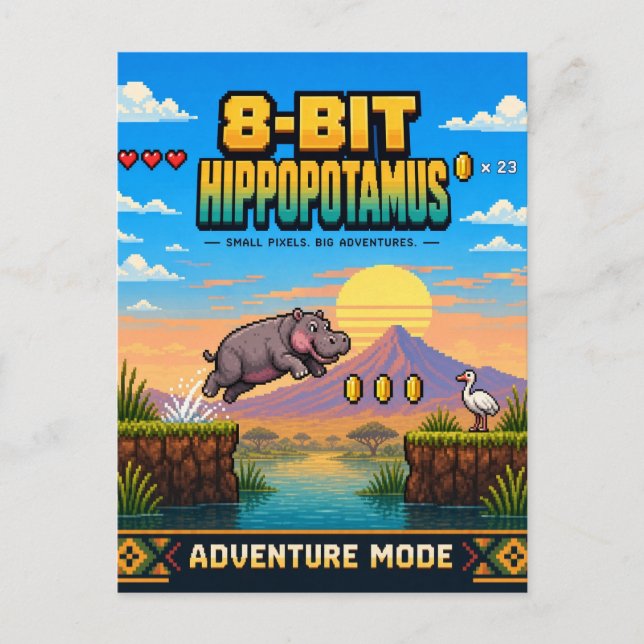 Carte Postale Hippopotame, Rétro Pixel Art 8 Bits (Devant)