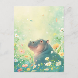 Carte Postale Hippopotame Sourire dans Prairie de Fleurs Jaunes 