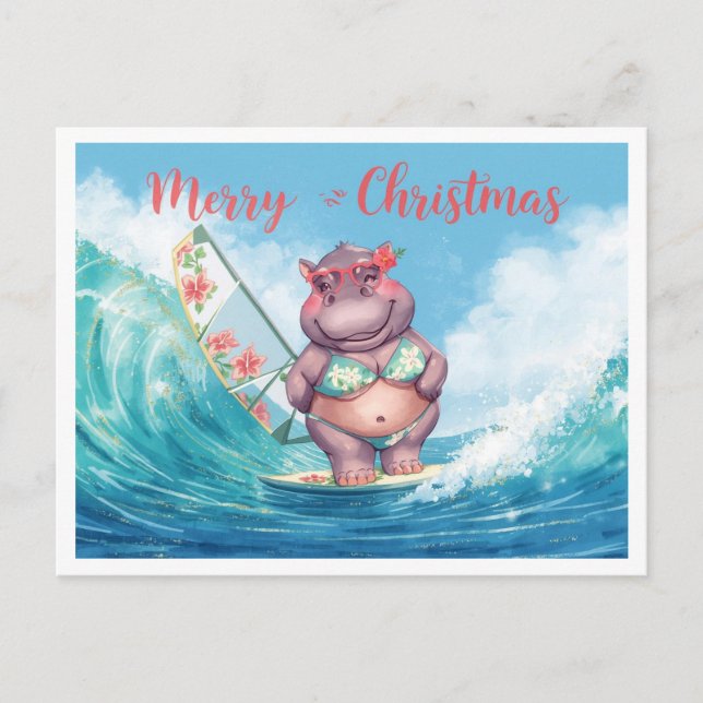 Carte Postale Hippopotame surfeur sur planche de surf pendant le (Devant)
