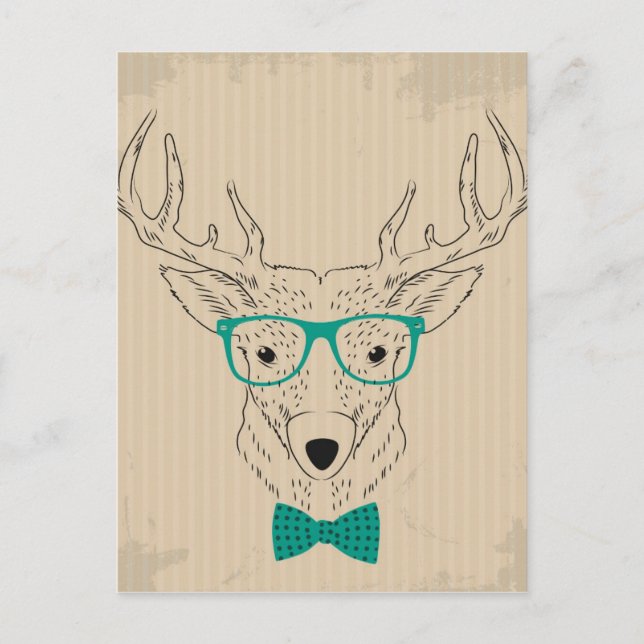 Carte Postale Hipster Reindeer Elk avec des lunettes grungy Noël (Devant)