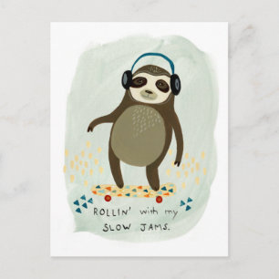 Carte Postale Hipster Sloth   Rollin' Avec Mes Jams Lents
