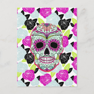 Carte Postale Hipster Sugar Skull and Floral Roses