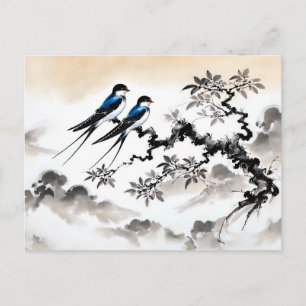 Carte Postale Hirondelles perchées sur une branche en Painti chi