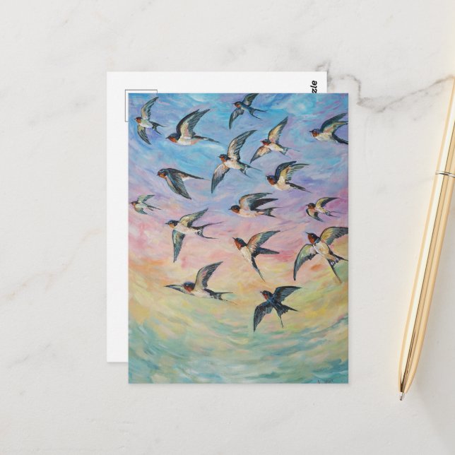 Carte Postale Hirondelles rustiques art (Devant/Arrière en situation)