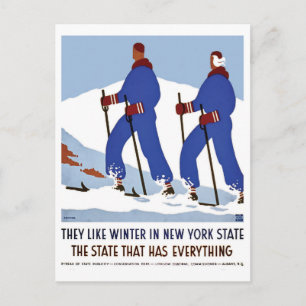 Carte Postale Hiver à New York, couple sur ski, vintage