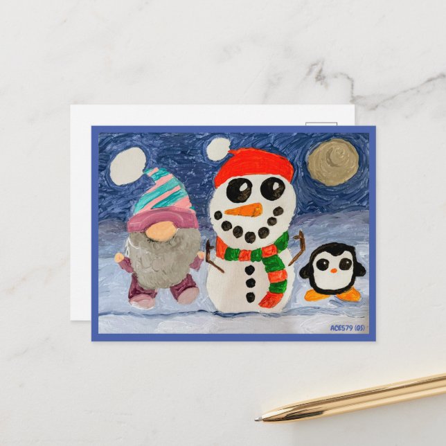 Carte Postale Hiver Amusement avec Gnome, Snowman et Penguin (Devant/Arrière en situation)