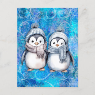 Carte Postale Hiver Bleu Aquarelle Pingouins Écarts Casquette