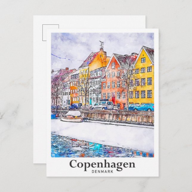 Carte Postale Hiver Copenhague Danemark Aquarelle Main tirée (Devant / Derrière)
