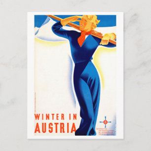 Carte Postale Hiver en Autriche, skieuse fille, voyage vintage