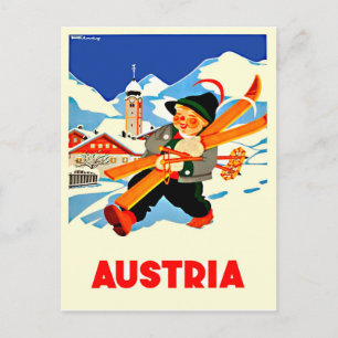 Carte Postale Hiver en Autriche. Un homme heureux va skier