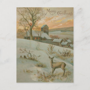 Carte Postale Hiver Field Deer Church Neige