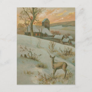 Carte Postale Hiver Field Deer Church Neige