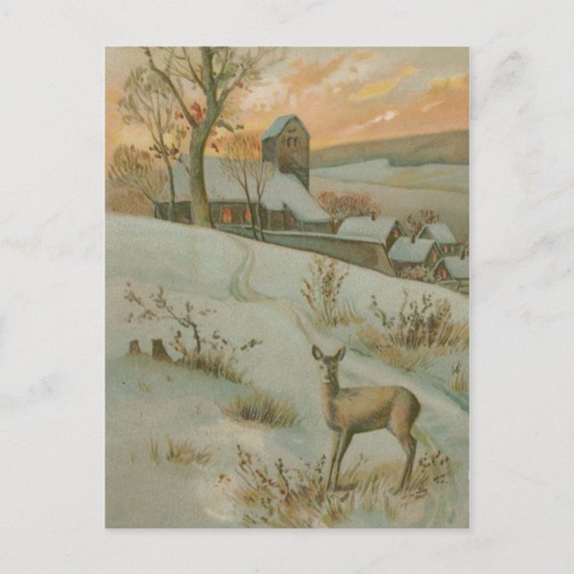 Carte Postale Hiver Field Deer Church Neige (Devant)