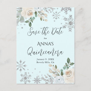 Carte Postale Hiver Floral Bleu Quinceanera Enregistrer La Date