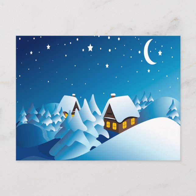 Carte Postale Hiver, Maison, Nuit, Lune et Étoiles (Devant)