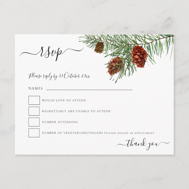 Carte Postale Hiver Pine Cones Noël Mariage RSVP (Devant)