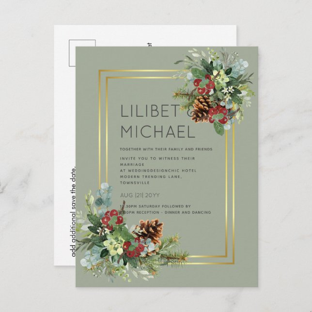 Carte Postale Hiver Red Berries Pine Cones Mariage (Devant / Derrière)